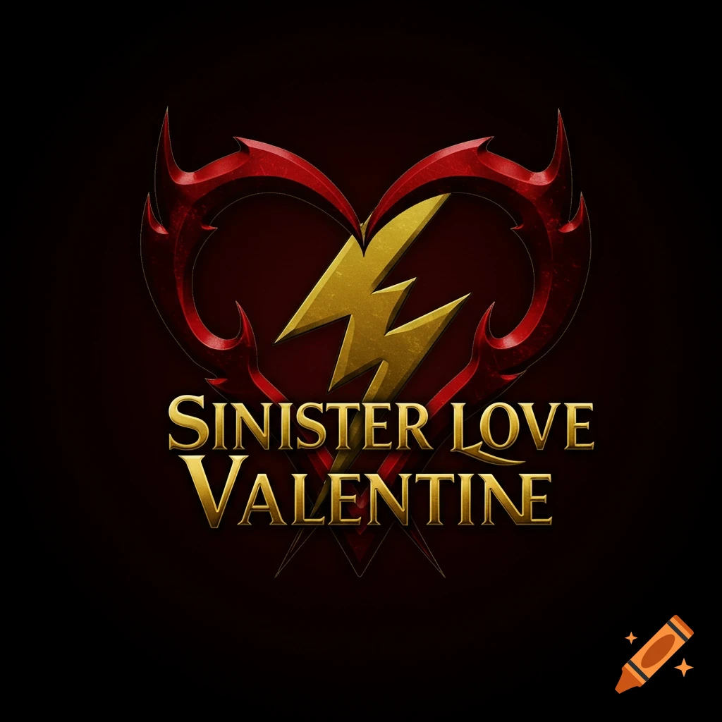 Logo with spiked red heart, gold lightning bolt, and 'Sinister Love Valentine' text.