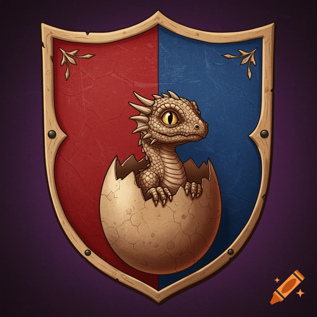 Medieval coat of arms with a baby dragon hatching from an egg in front of a red and blue shield, illustration