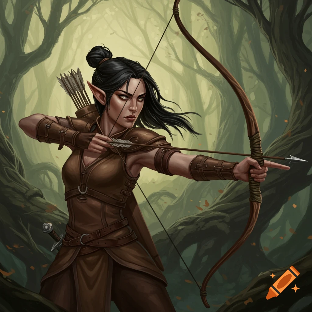 A half-elf woman in leather armor aims a longbow in a forest.