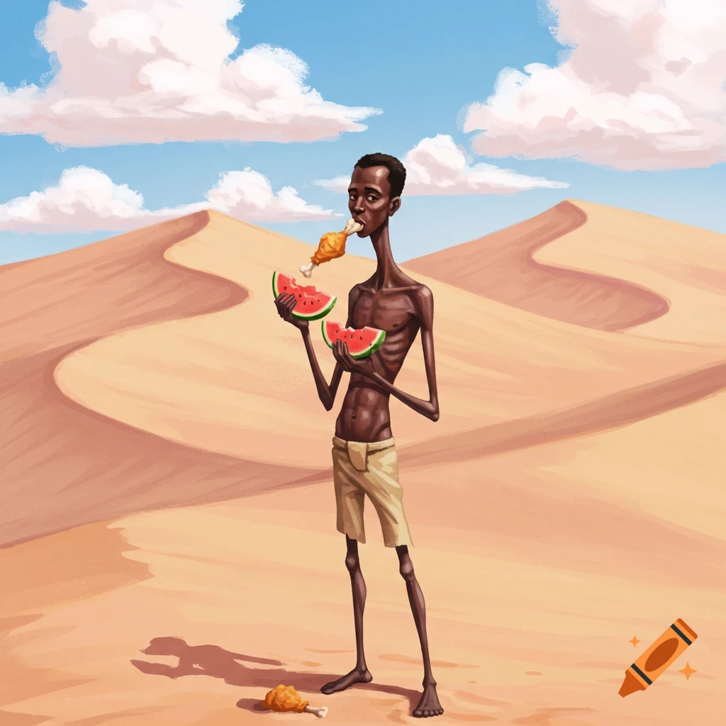 Illustration of an emaciated man eating chicken and watermelon in a desert.