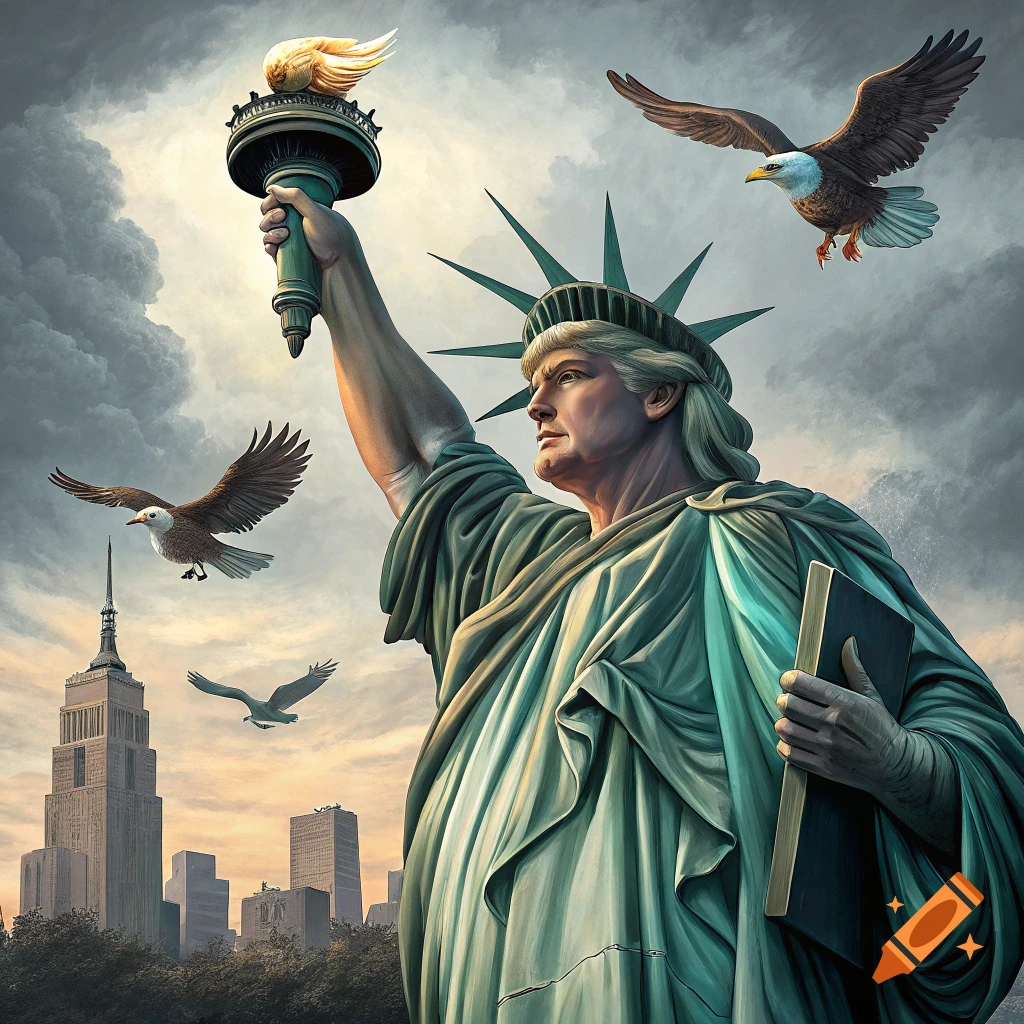 Donald Trump as the Statue of Liberty with Eagles