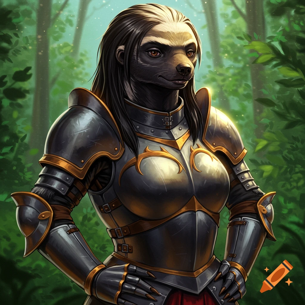 An anthropomorphic honeybadger stands in a forest wearing fantasy armor.
