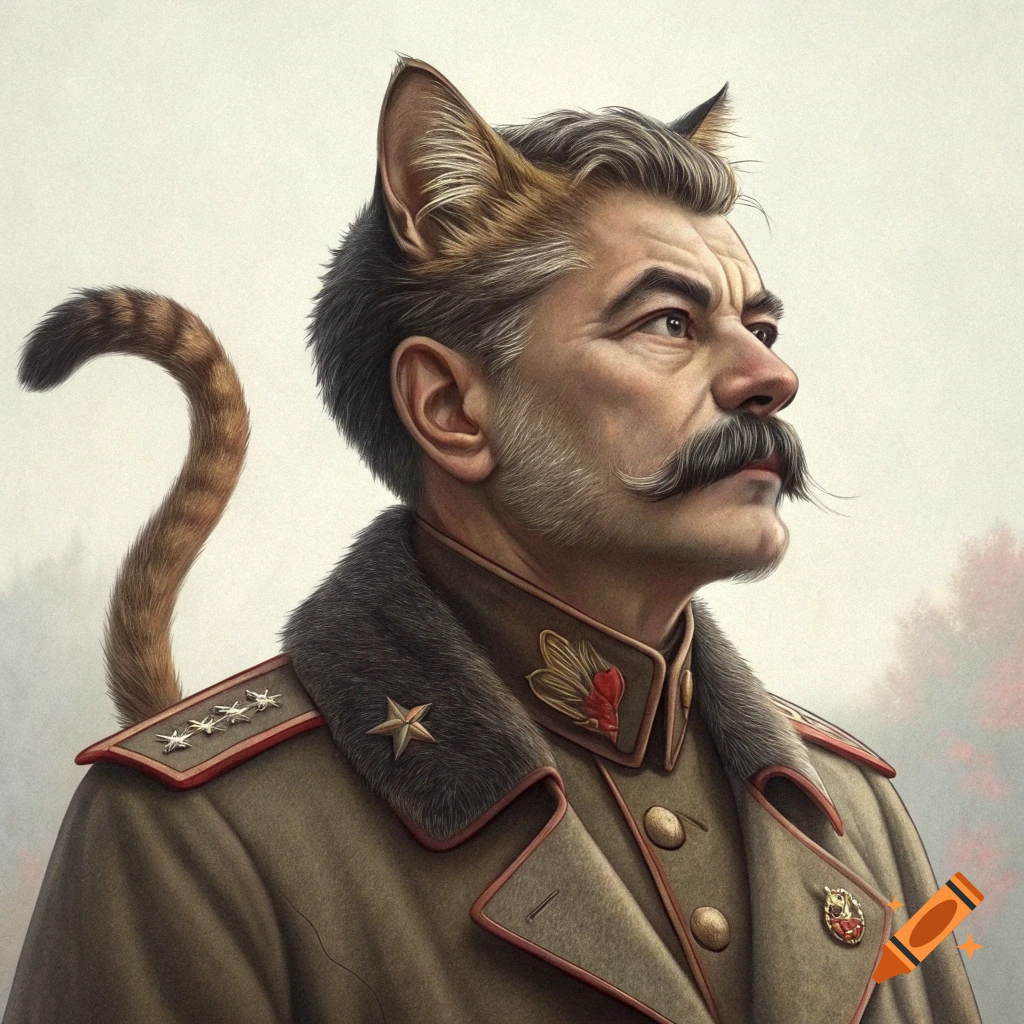 Portrait of Stalin with cat ears and tail, wearing a military uniform.