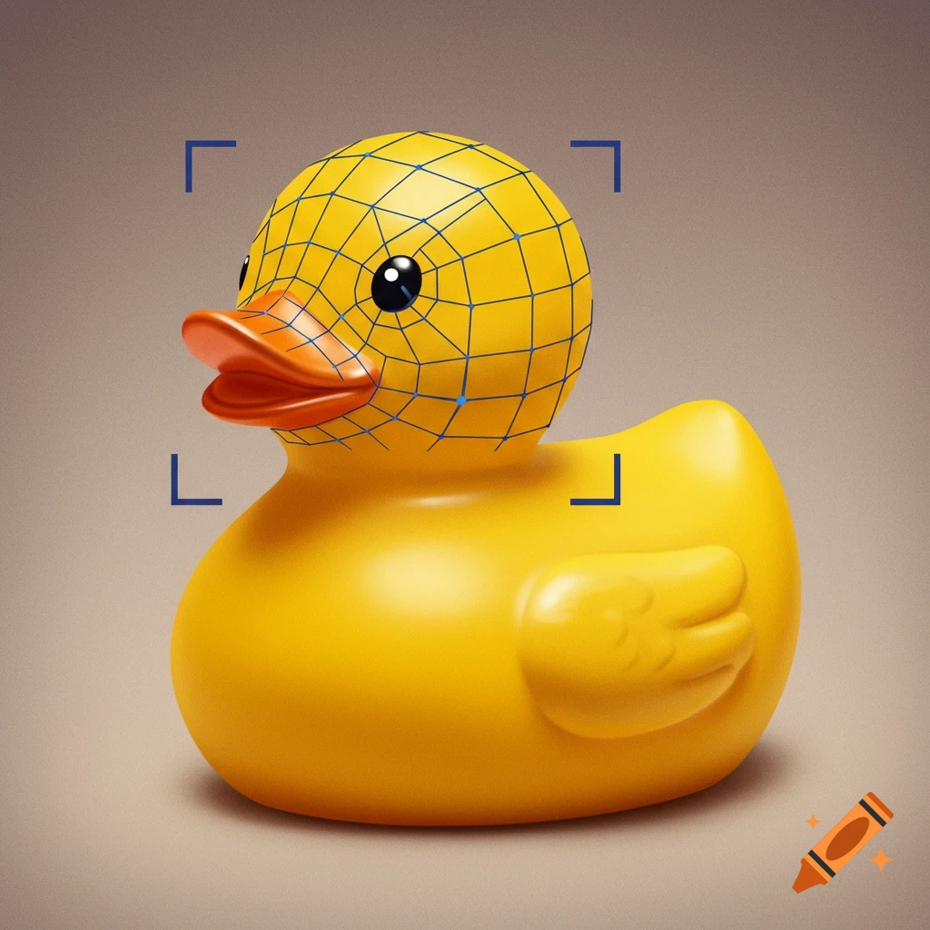 A yellow rubber ducky with a blue wireframe mesh and scanner target corners on its head.