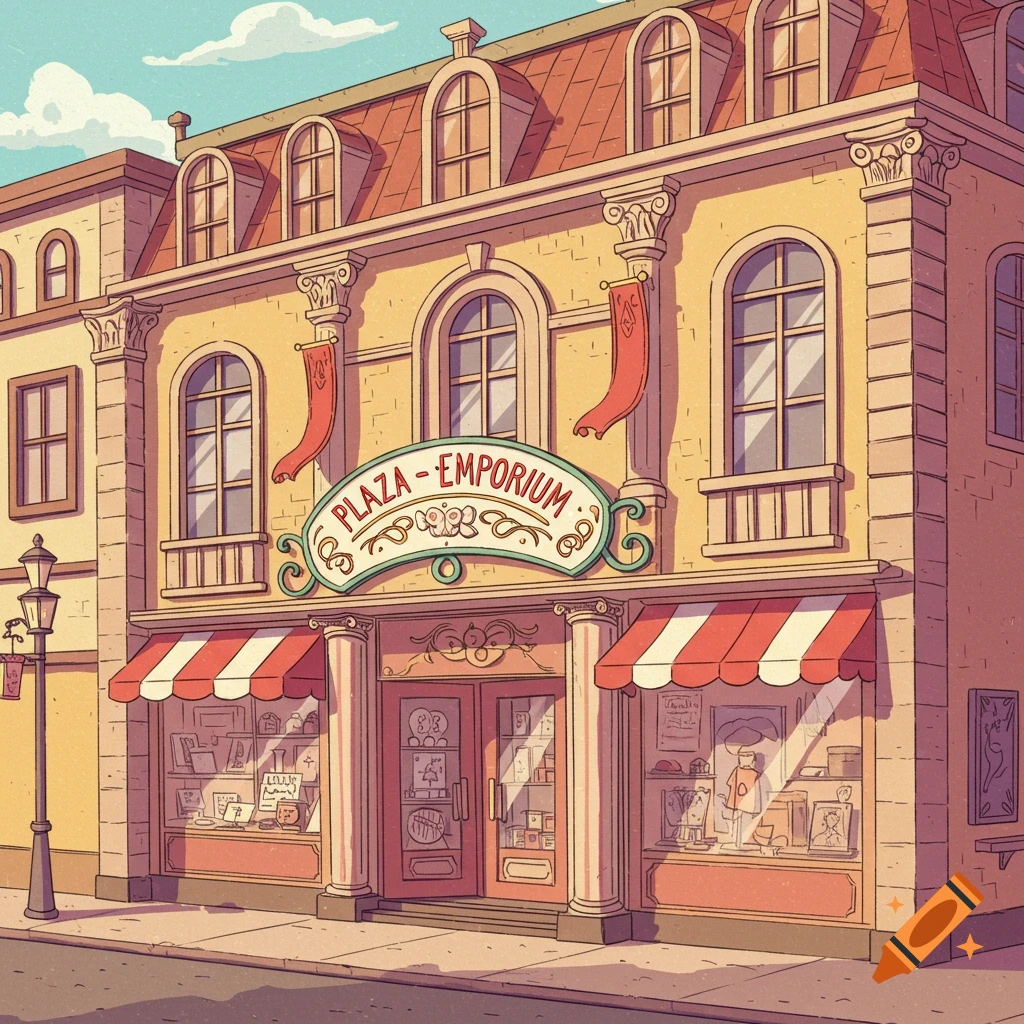 Cartoon illustration of a Plaza-Emporium storefront.