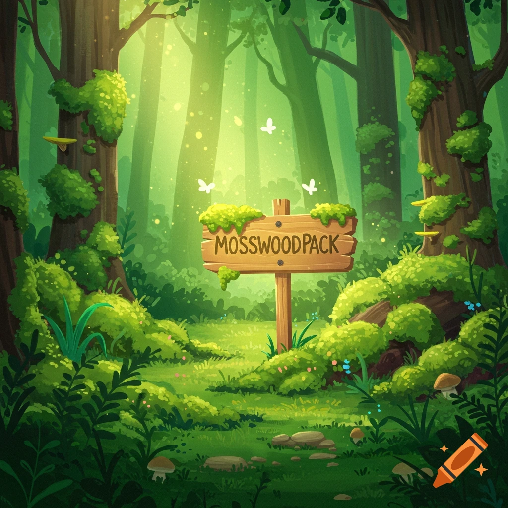 A cute illustration of a sign reading "MOSSWOODPACK" in a sunny forest clearing.
