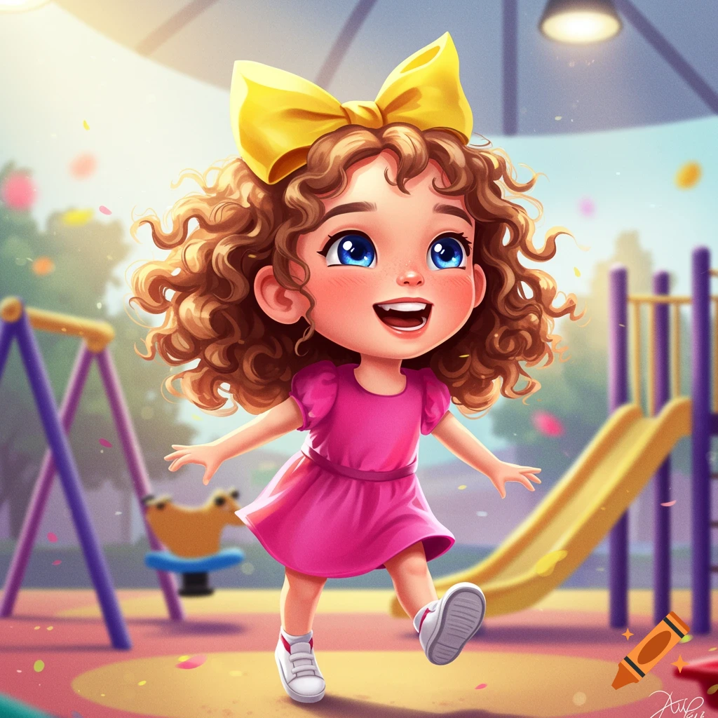 Cute cartoon girl with a big yellow bow playing on a playground.