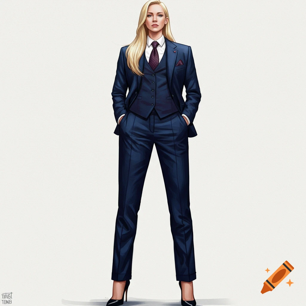 Illustration of a blonde woman in a blue suit and black heels