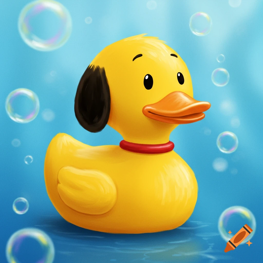 Cartoon illustration of a yellow rubber duck with black dog ears and a red collar floating in blue water with bubbles.