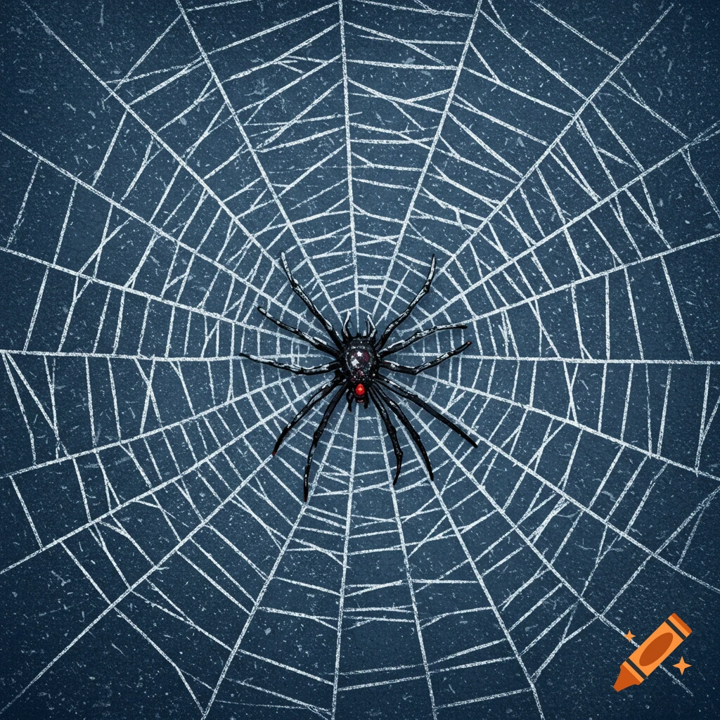 A black spider with a red spot sits on a textured white spider web against a dark background.
