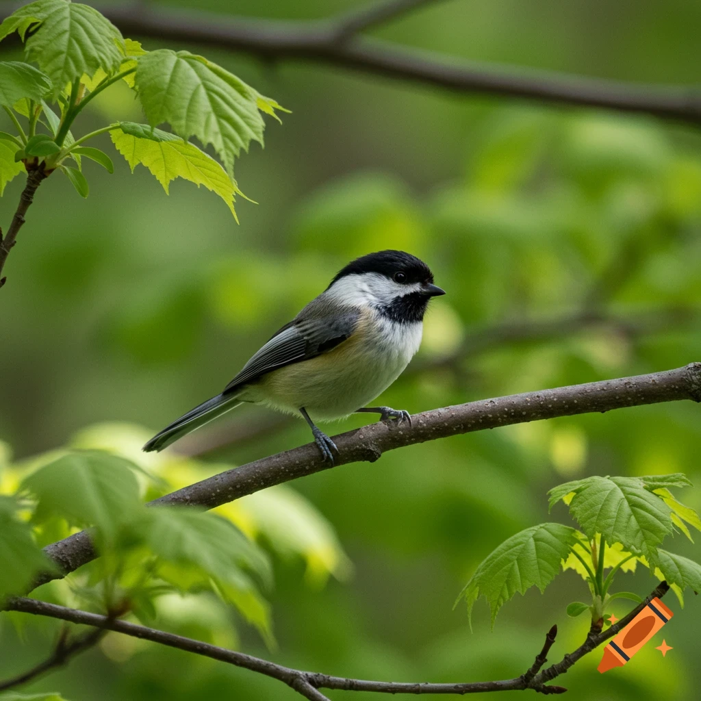 A black-capped chickadee perches on a branch surrounded by green leaves. Photorealistic.