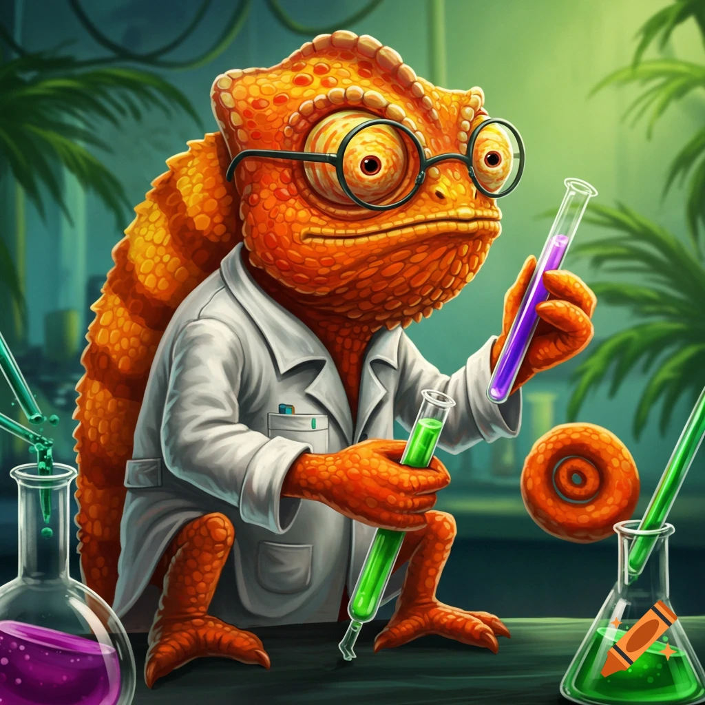 An orange chameleon wearing glasses and a lab coat holds test tubes in a laboratory.