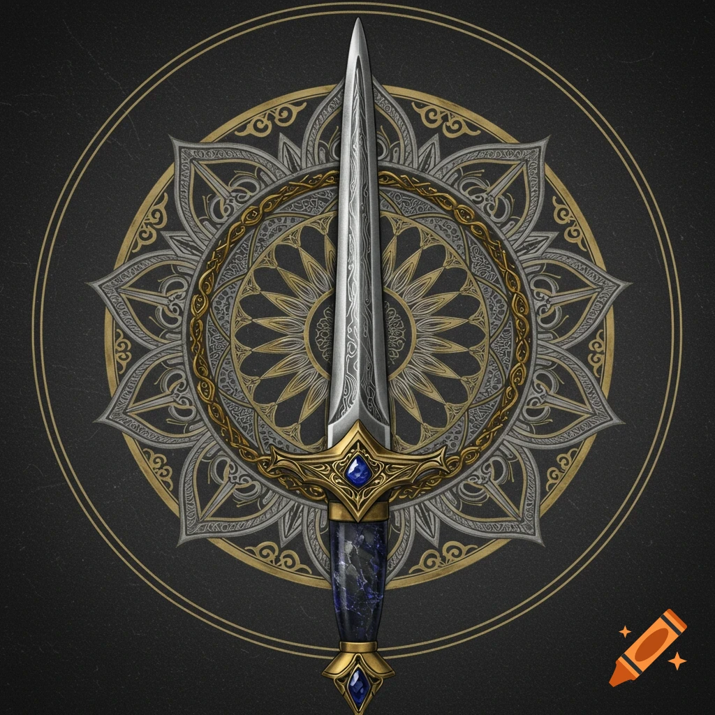 Detailed damascus sword with blue gems and brass inlay centered on an intricate gold and silver mandala.
