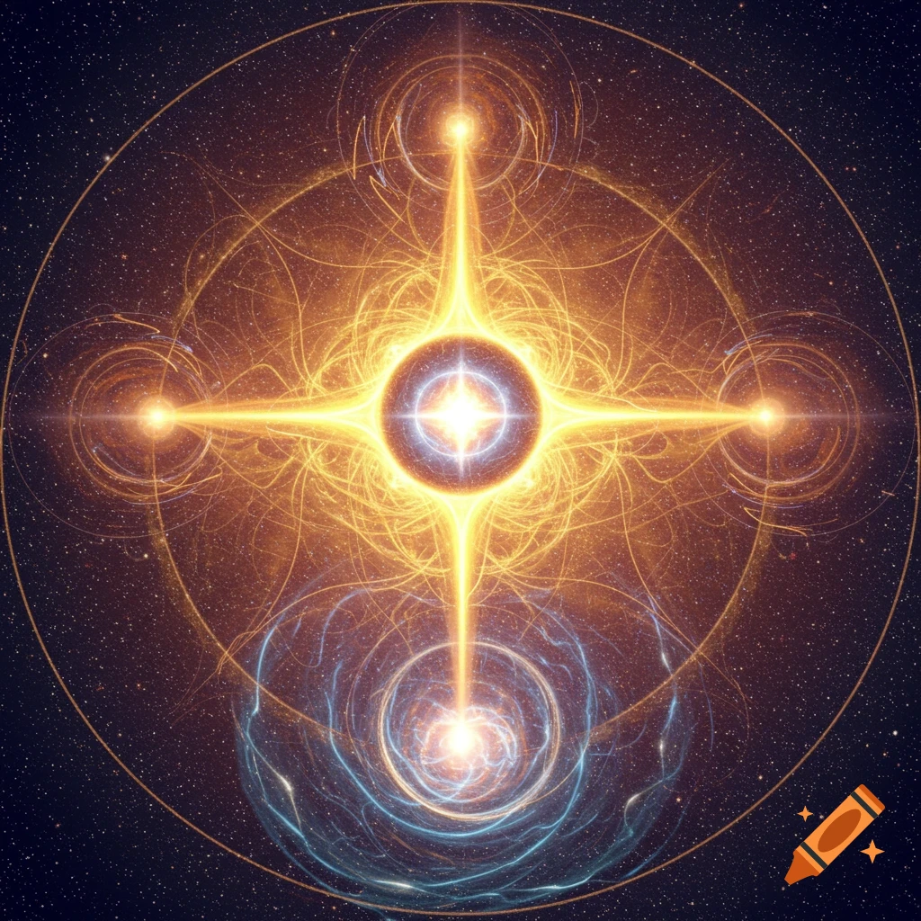 An intricate glowing orange and blue energy pattern resembling a star or mandala against a starry background.