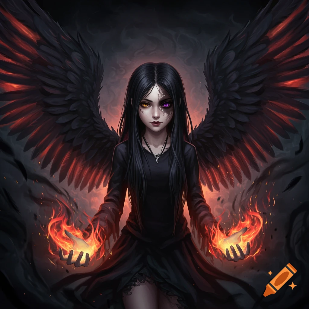 A girl with black hair and wings holds fire in her hands. She has one purple and one golden eye.