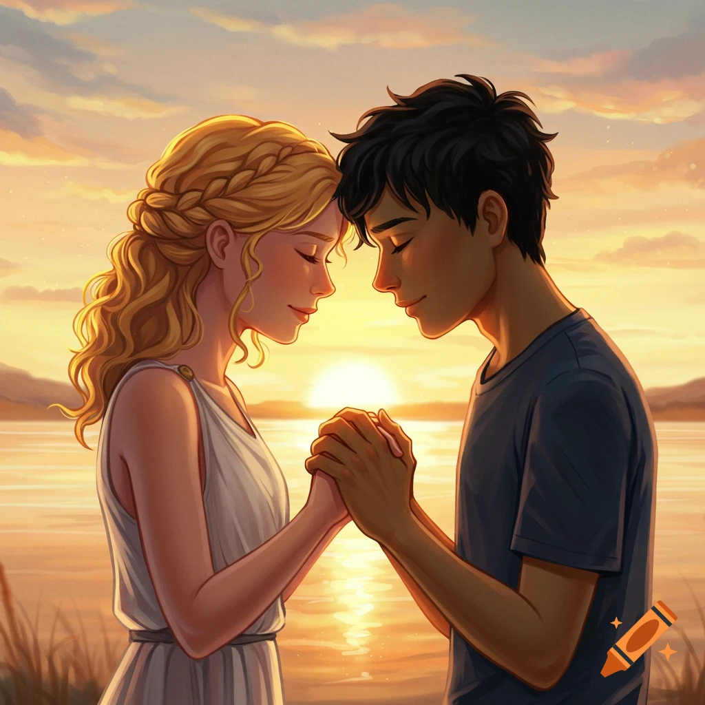 Illustration of a couple holding hands forehead to forehead at sunset by a lake.