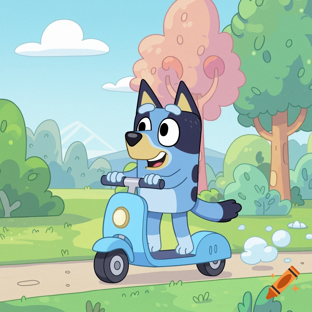 Bluey cartoon character on a scooter