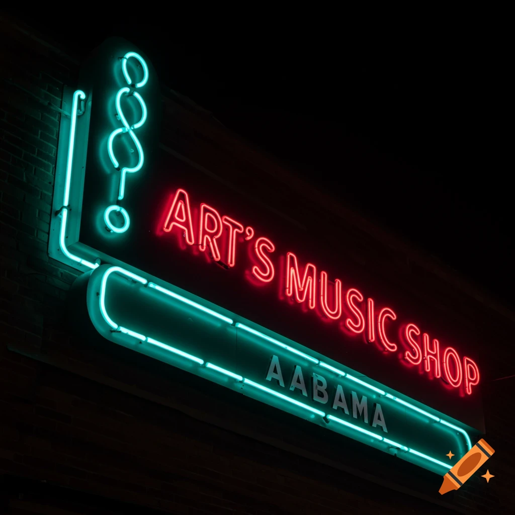 Neon sign for Art's Music Shop and Aabama lit up at night.