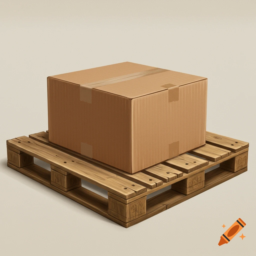 A cardboard box sits on a wooden pallet.