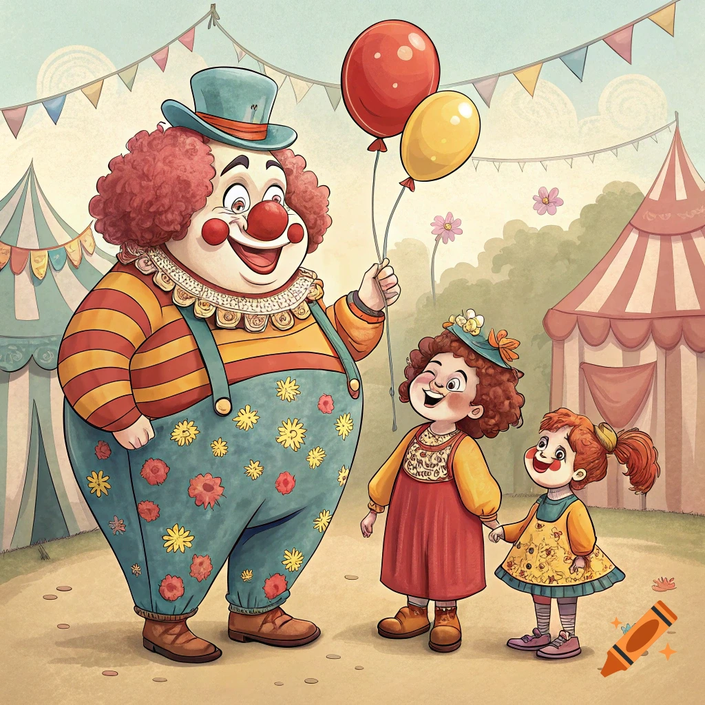 Family of clowns: a large clown, two female clowns, and a little girl ...