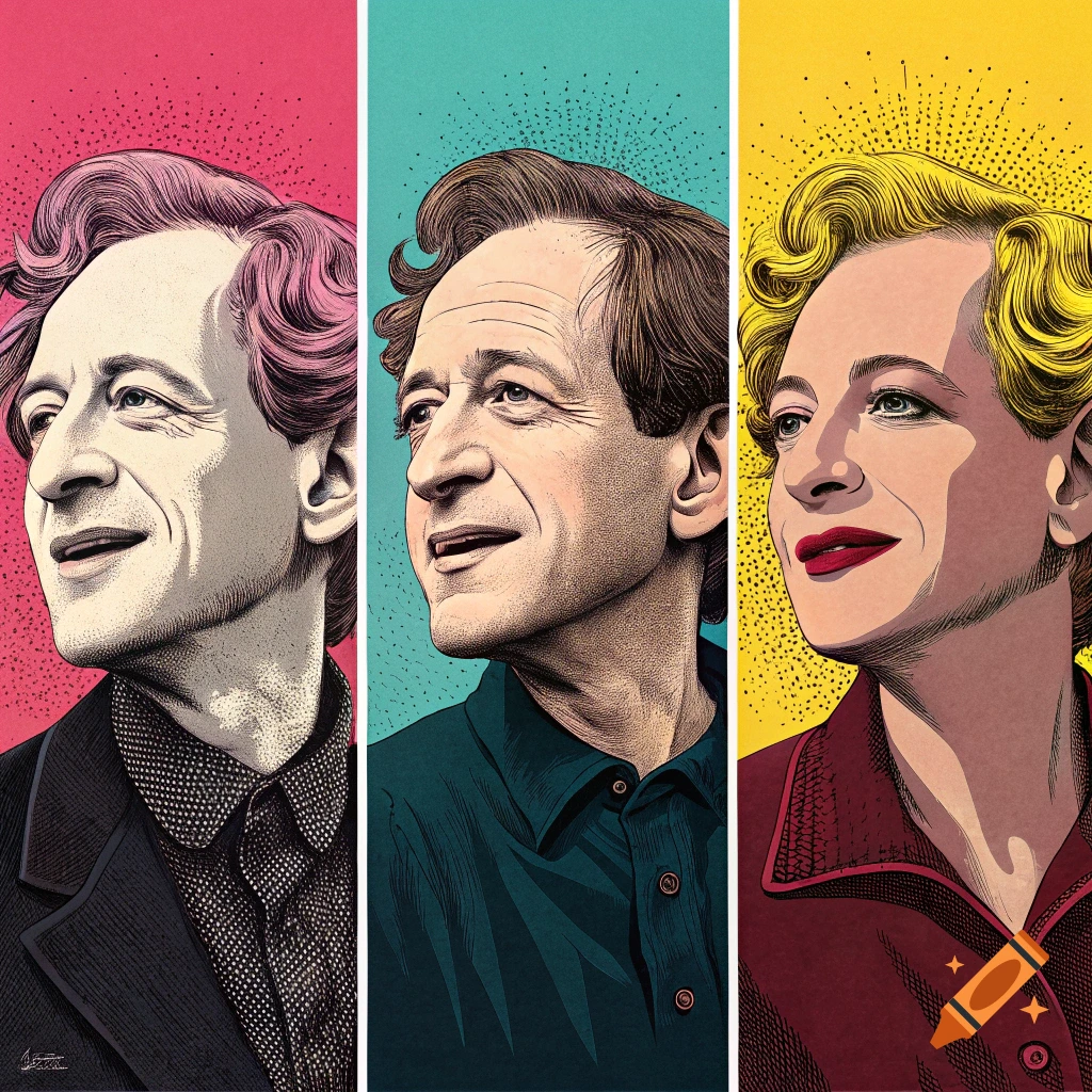 Three side-by-side stylized portraits in a pop art style with different colored backgrounds.