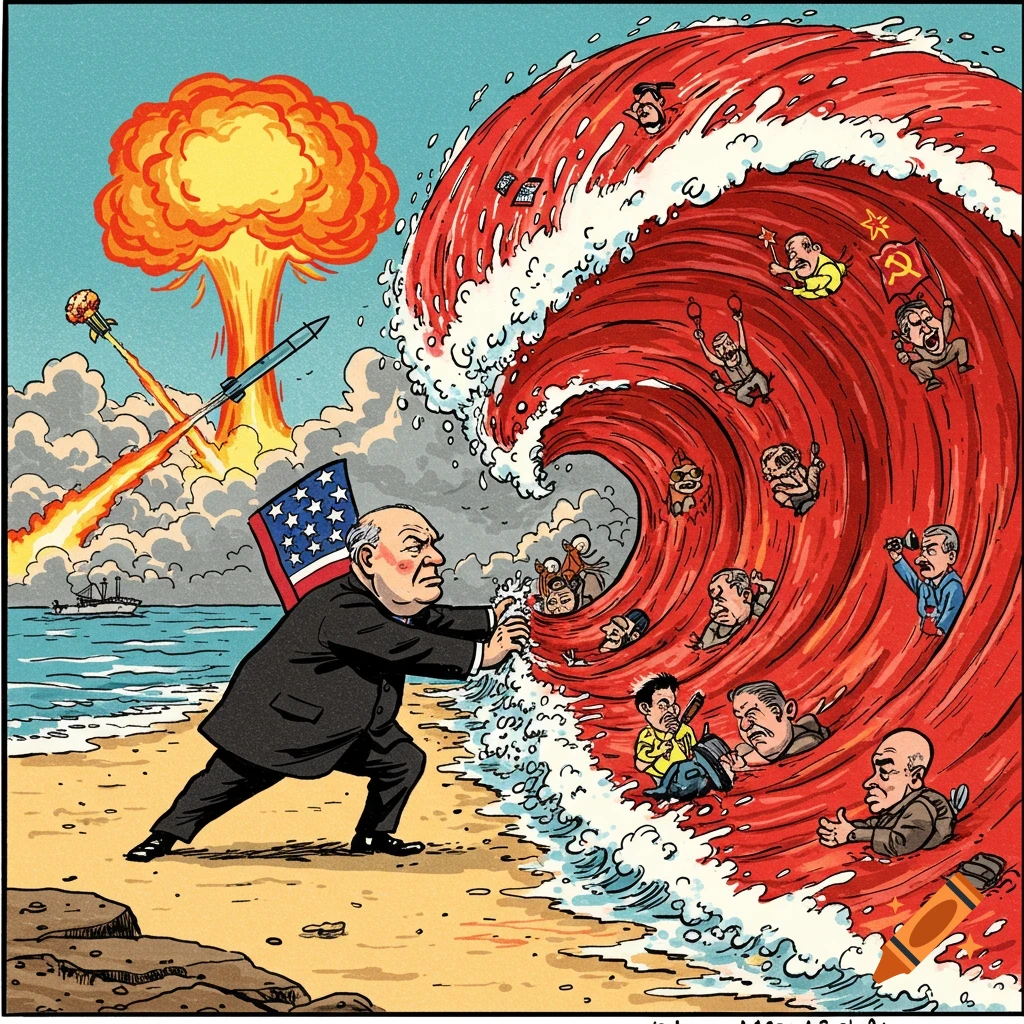 Political cartoon of a bear ussr clawing the globe with american