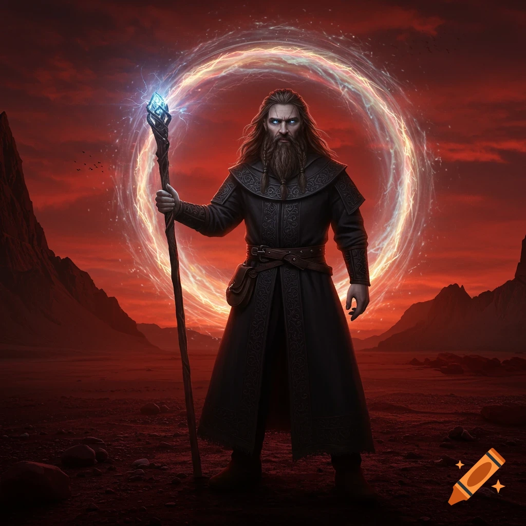 A robed mage with a staff stands before a glowing portal in a dark fantasy landscape.