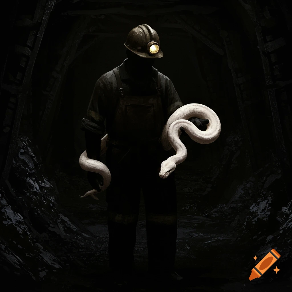 A coal miner holding a white python in a dark mine shaft.