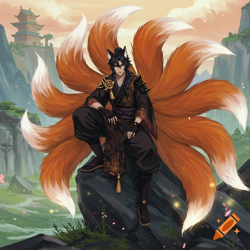 A male character with fox ears and multiple tails sits on a rock in a mountain landscape with a pagoda, wearing traditional dark clothing.