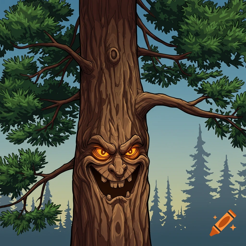 Cartoon illustration of a spooky tree with a carved face and glowing eyes in a forest.