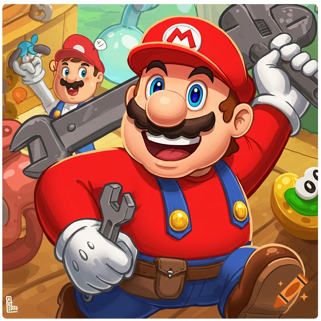 Cartoon illustration of two characters resembling Mario holding wrenches.