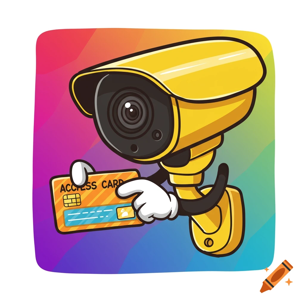 Cartoon illustration of a yellow security camera holding an access card.
