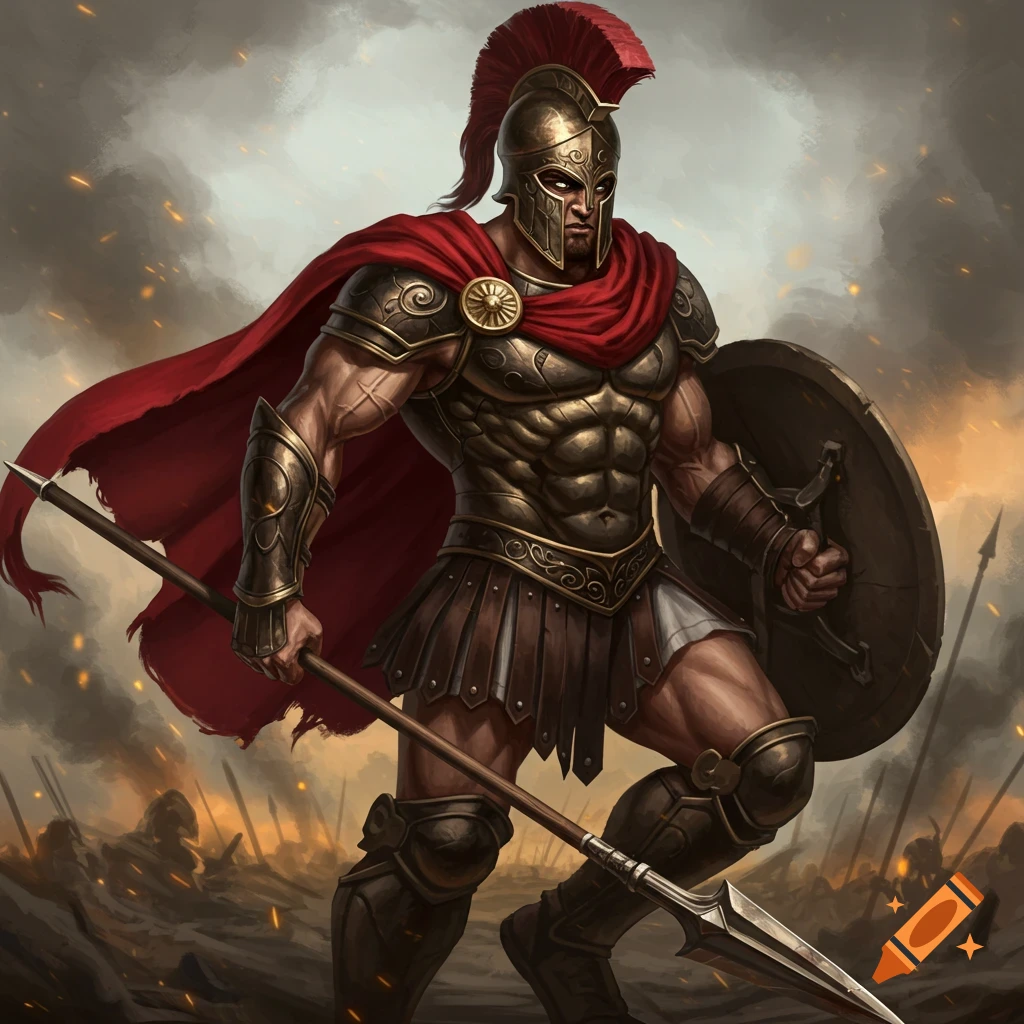 A muscular ancient warrior in ornate bronze armor and red cape stands in a smoky battlefield, holding a spear and shield.