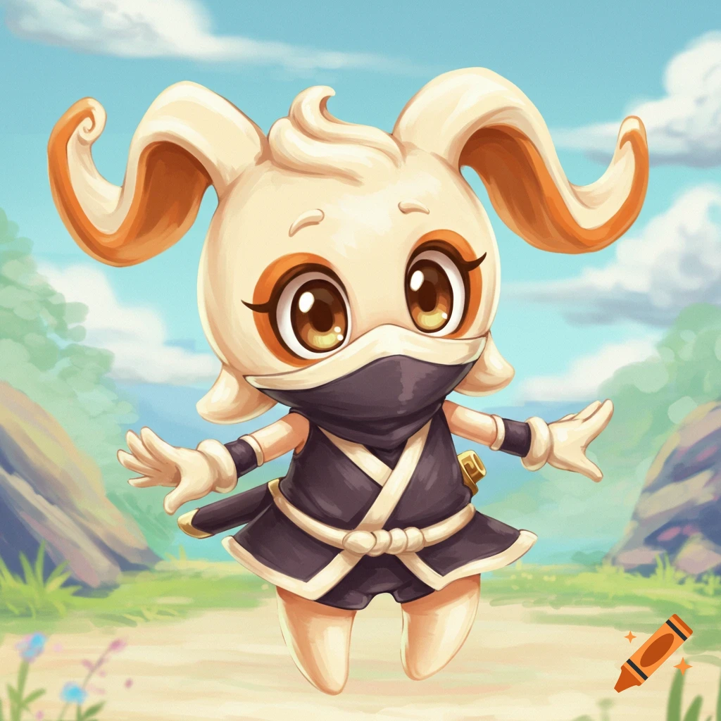 Cute cartoon animal character in ninja outfit standing on path outdoors.