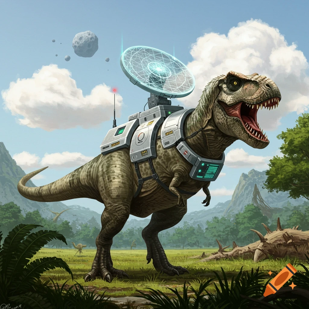 Illustration of a T-Rex wearing futuristic radar equipment, looking up at asteroids in a prehistoric landscape.