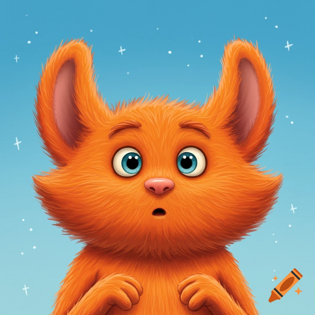 Close-up of an orange furry cartoon creature with big blue eyes and a surprised expression against a blue sky.