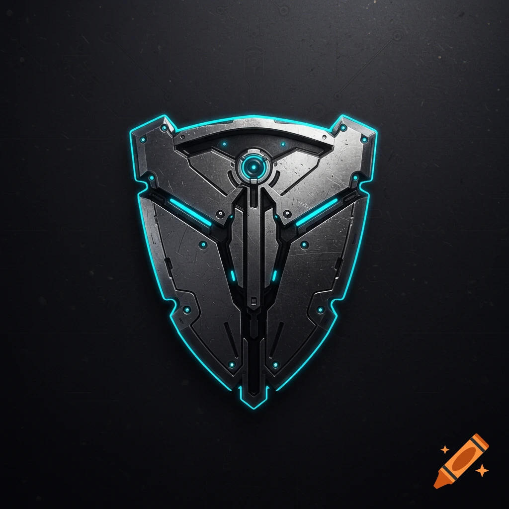 Sci-fi shield logo with blue glowing accents