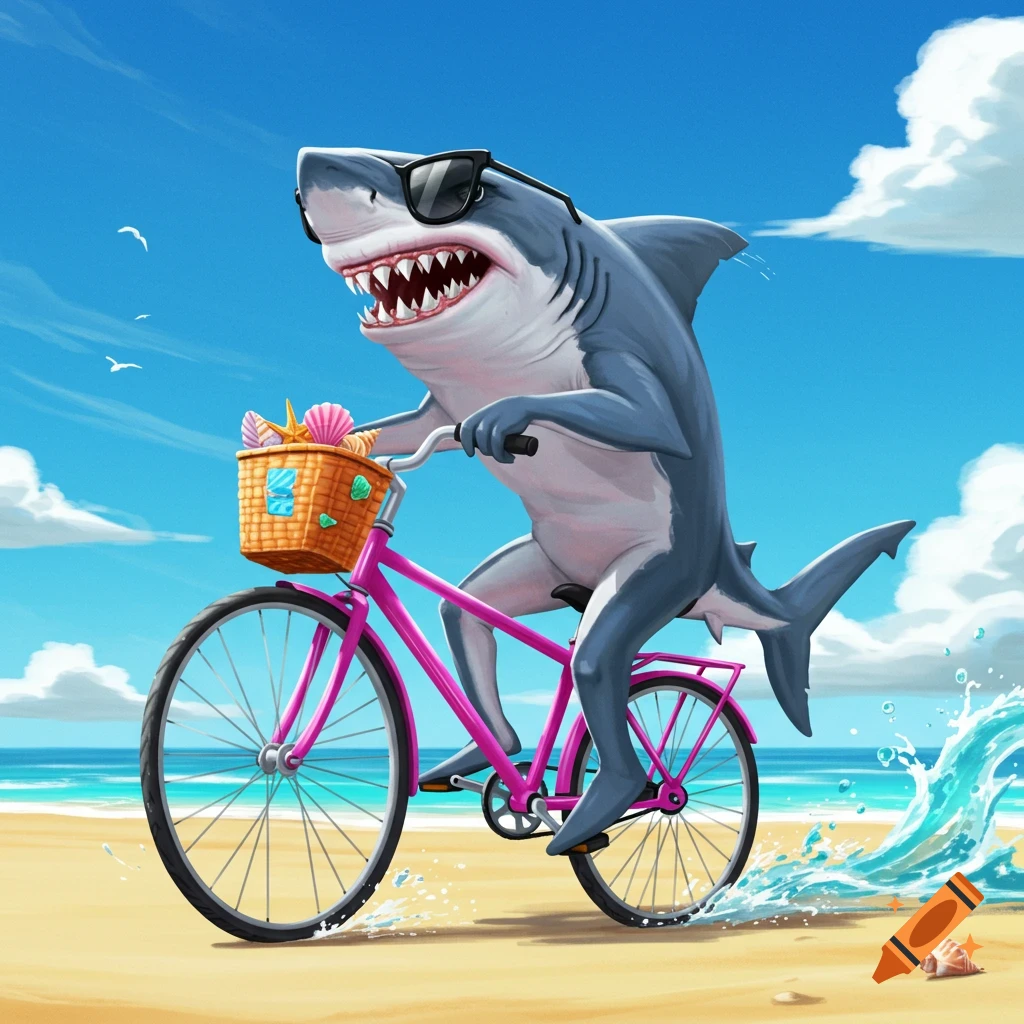 Cartoon shark wearing blue nike sneakers running on a beach near the