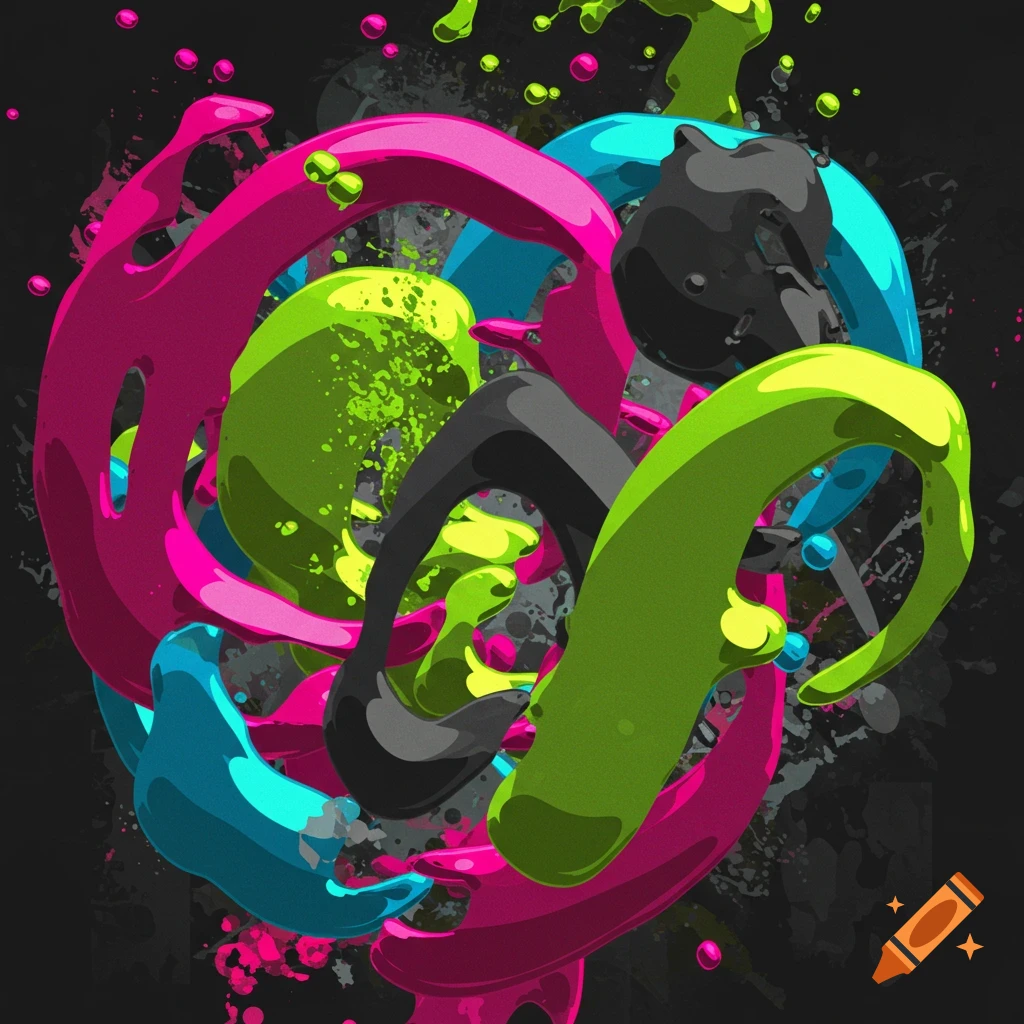 Abstract art with swirling, colorful shapes in pink, blue, green, and black, resembling dripping or splashing paint against a dark background.