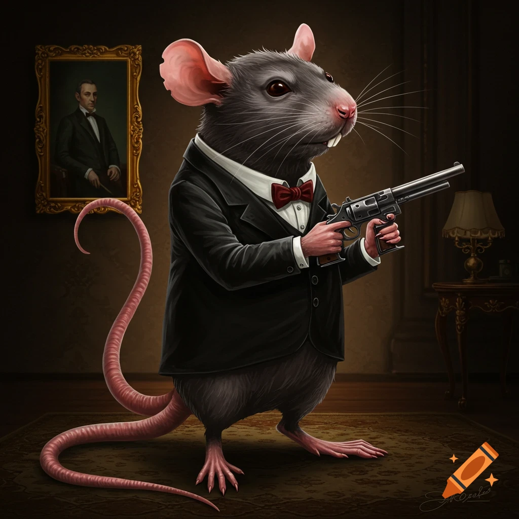 A rat in a suit and bow tie holds a large revolver in a dimly lit room.