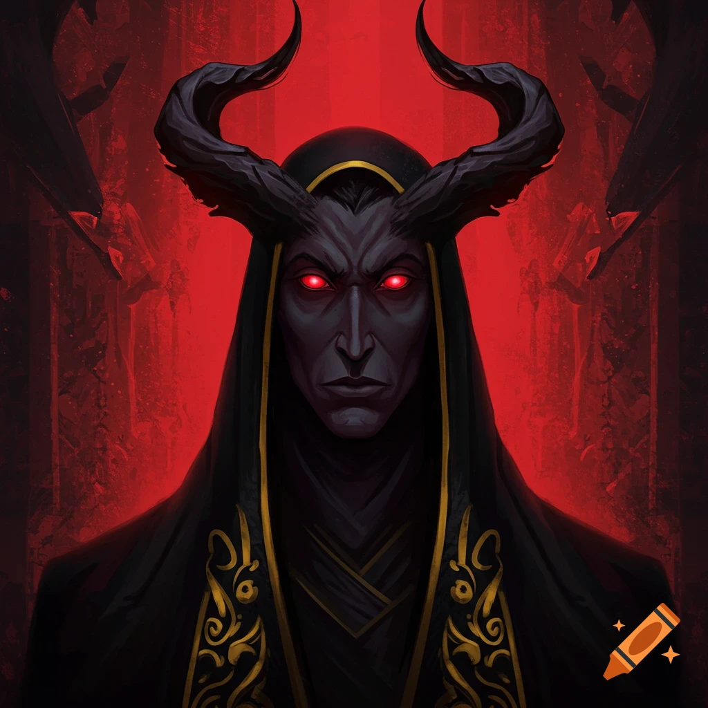 A dark fantasy figure with horns, red eyes, and a hooded robe against a red background.