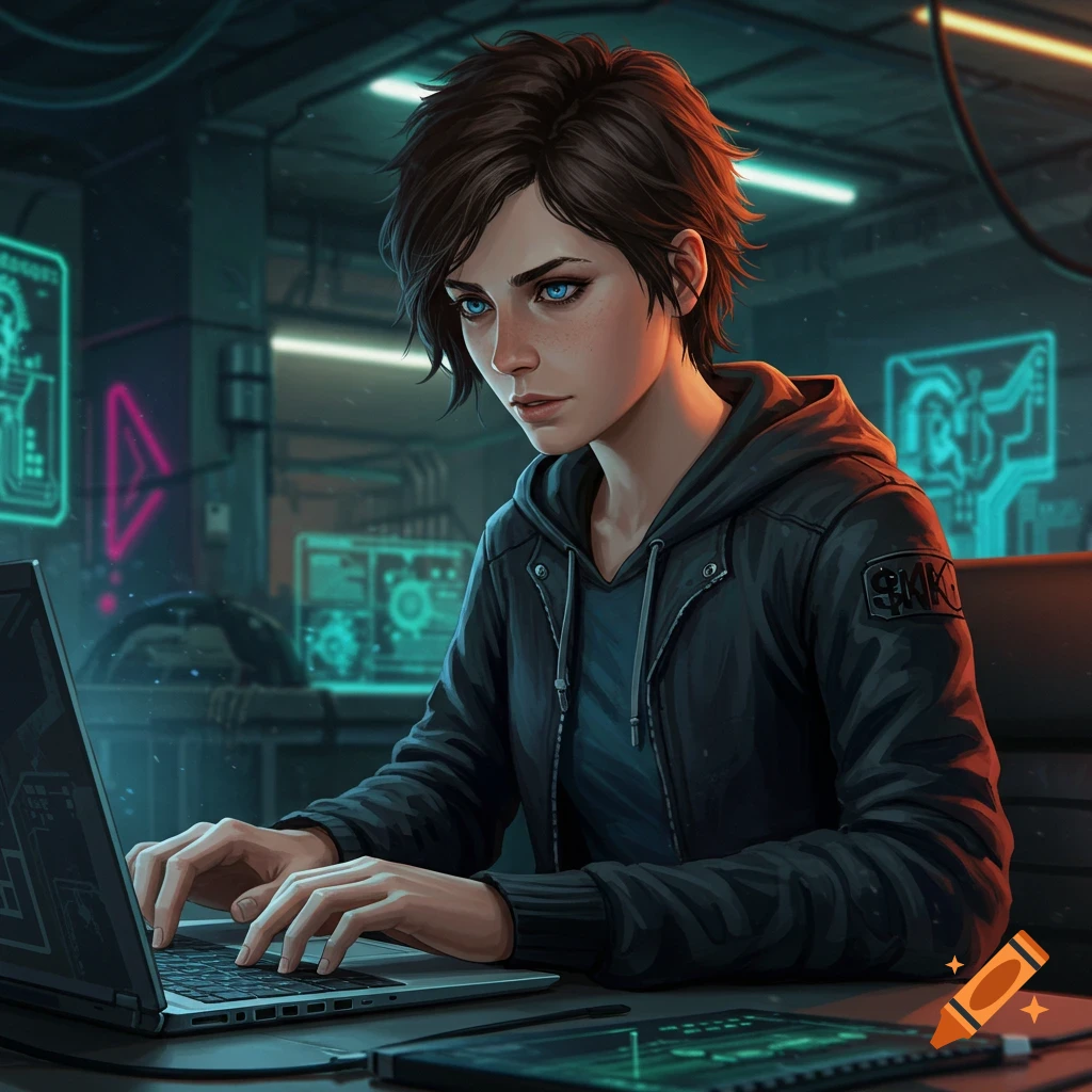 A woman in a hoodie works on a laptop in a neon-lit cyberpunk lab.