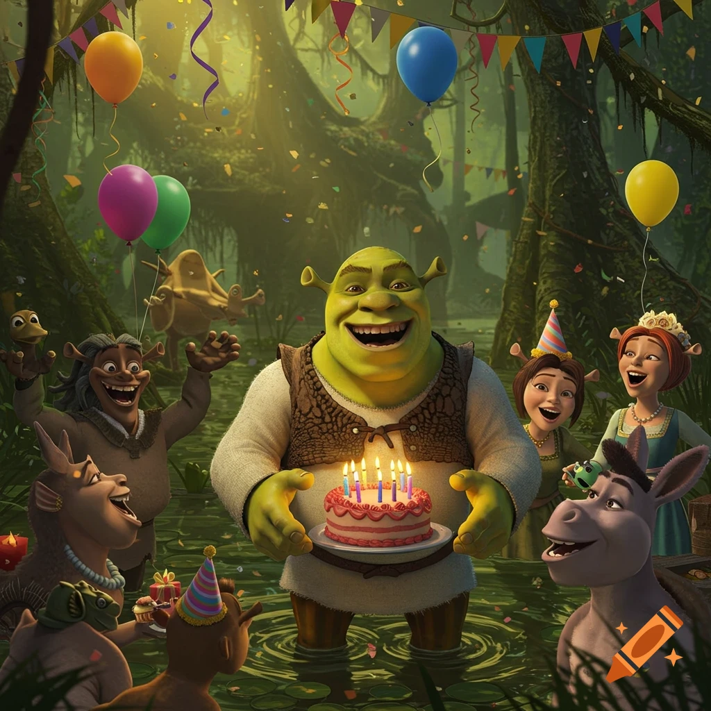 Shrek holds a birthday cake surrounded by Fiona, Donkey, and friends celebrating in a swamp.