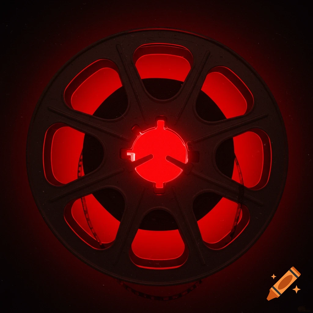 A close-up of a film reel illuminated by red light against a dark background.