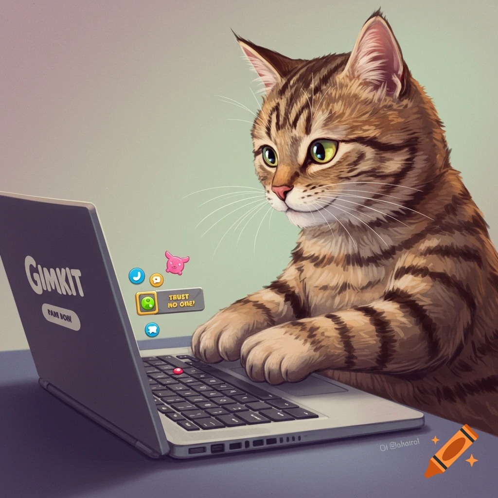 Illustration of a tabby cat looking at a laptop screen with text 'GIMKIT' and 'TRUST NO ONE!'