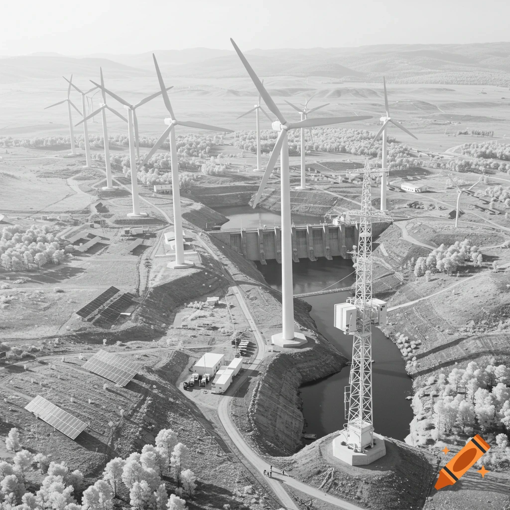 Black and white aerial view of a sustainable energy complex with wind turbines, solar panels, and a dam.