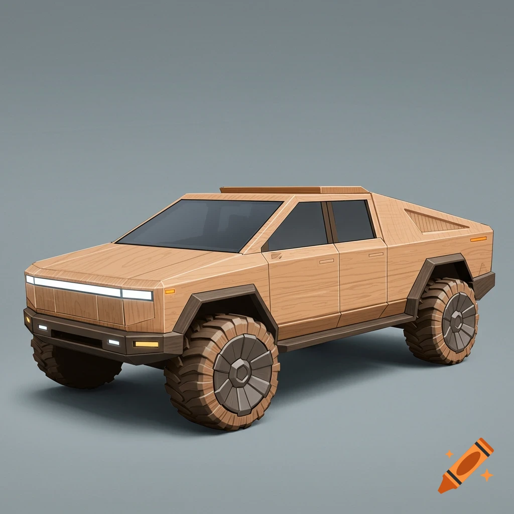A stylized vehicle resembling a Cybertruck made of wood blocks.