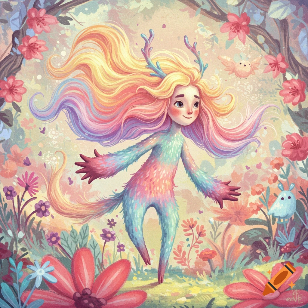 Colorful fuzzy creature with antlers and long hair standing among flowers in a forest.