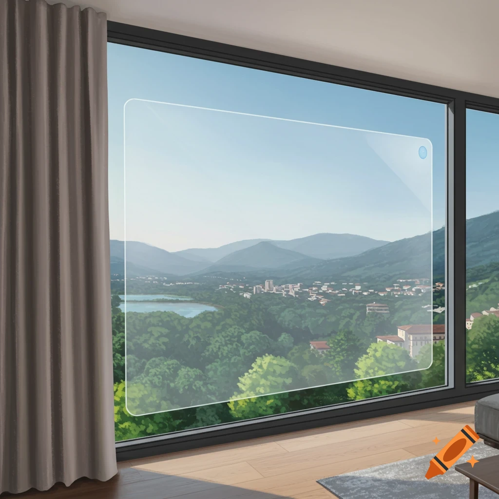 View from a window showing a transparent film over a landscape of a city, lake, mountains, and trees