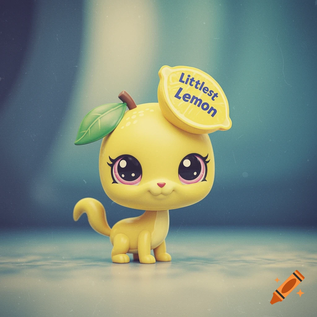 A yellow toy cat with a lemon slice on its head that says 'Littlest Lemon'